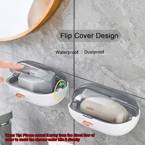 2 Pack Shower Soap Dish Holder with Lid, Bar Soap Container with Drain | Wall Mounted Soap Box Container for Shower, Bathroom, Bathtub, Kitchen Sink, Adhesive Included - color: 2pcs White Wall-mounted