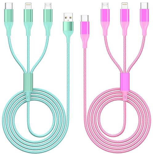 3 in 1 Multi Charging Cable for Multiple Devices Fast Charge cord 2Pack 4FT | Car Travel Essentials,MFI Certified Universal Phone Charger with Type C/Micro USB/IP for iPhone17-5 iPad Android Green/Rose - color: Green/Rose-4ft