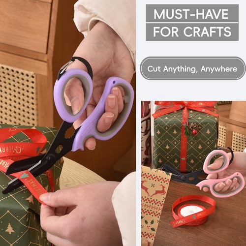 MEUUT All Purpose Scissors 2 PCS with Carabiner for Kitchen Outdoor | 7.5-inch heavy duty all purpose, Ambidextrous, micro-serrated stainless steel blades, integrated O2 wrench, soft rubber grip - color: Pastel Pink+pastel Purple