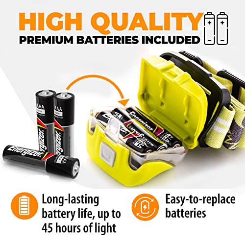 Foxelli LED Headlamp Flashlight for Adults & Kids, Running, Camping, Hiking Head Lamp with White & Red Light, Comfortable Headband, Lightweight & Waterproof, 3 AAA Batteries - color: Neon Yellow