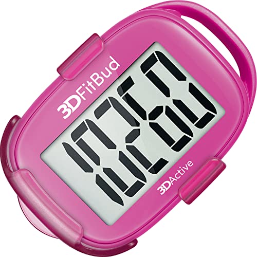 3DFitBud Simple Step Counter Walking 3D Pedometer by 3DActive with Clip, Lanyard Accurate Step Tracker Large Display, Easy to Use for Kids Men Women Adult Seniors Daily Step Tracking - A420S - color: Pink