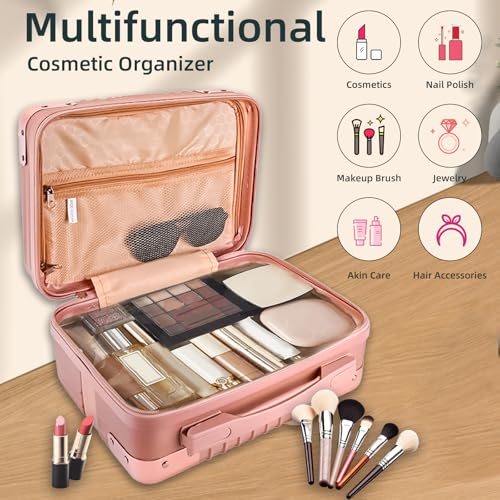 14inch Hard Shell Cosmetic Organizer Travel Train Hand Luggage Small Portable Carrying Suitcase Makeup Case Bag for Women Toiletry - color: PINK