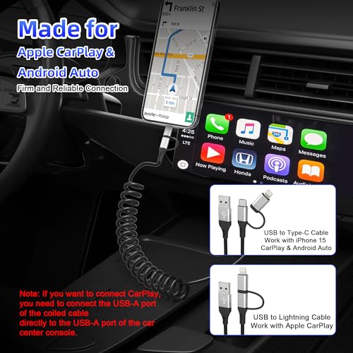 USB to USB-C and Lightning Cable 2 in 1 Coiled Cable Support Carplay & Android Auto [MFi & 3A Fast Charge & Data Sync] Coiled Lightning and USB C Cable for iPhone 17/16/15/14/13/Android, Silver - color: Silver