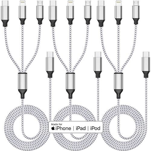 Multi Charging Cable 4ft 3Pack 3 in 1 Charger Cord, Multiple Usb C Cable | Nylon Braided Cable USB Charging Cable Multi Phone Charger Cord with Type C Micro Lightning for Apple iPhone17-5 Cell Phones - color: White/Silver-4ft