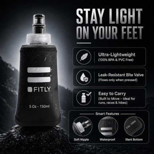 FITLY Soft Flask - Shrink As You Drink Soft Water Bottle for Hydration Pack - Folding Water Bottle Ideal for Running, Hiking, Cycling, Climbing & Rigorous Activity - color: Black, size: 5 Ounces