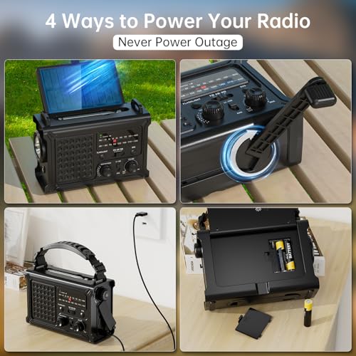 NOAA Emergency Weather Radio, 12000mAh Portable AM/FM, Hand Crank & Solar - color: Black