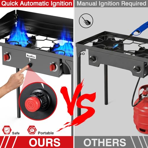 Bestfire 2 Burner Propane Stove, 150,000 BTU High Pressure Camping Burner | with Windscreen, Side Shelves, Removable Legs, CSA Certified for Outdoor BBQ Backyard Cooking - style: 2 burner with windpanel