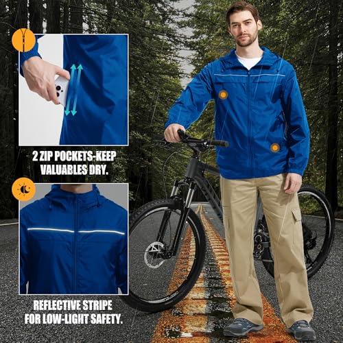 ZITY Mens Rain Jacket with Lining Waterproof Lightweight Rain Coats Packable Hooded Windbreaker for Hiking Golf Cycling - color: Blue, size: Medium