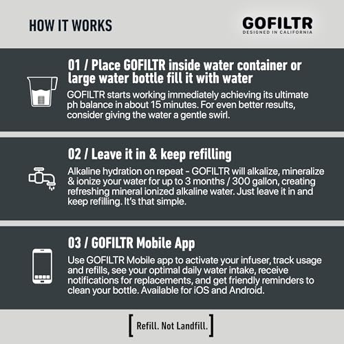 GOFILTR Jumbo Alkaline Water Infuser - 9.5 pH + Electrolytes For Any Large Water Bottles/Pitchers, 300 Gallon / 3 Months, Ionized Mineral Alkaline Water Infuser (1 Pack) - color: Jumbo Alkaline