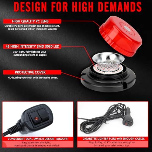 2 Pcs Red Forklift Beacon Strobe Lights, 12-24V 16 Flashing Modes 48 LED with Magnetic Base, Traffic Lights for Construction Vehicles, Trucks, Golf Carts, Snow Plow