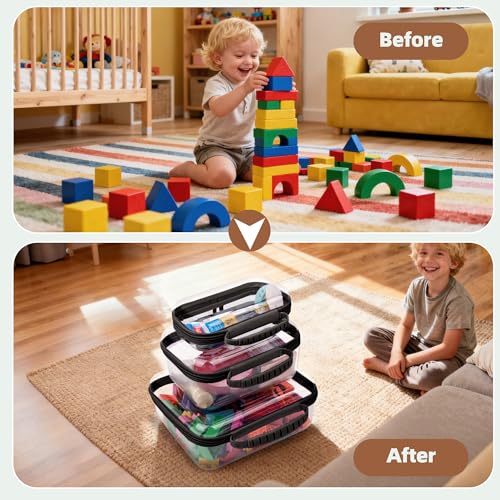 3 Pack Deep Clear Hard Shell Zipper Cases with Handle (Black) | Travel Toiletry Bag, Waterproof 1.2mm PET Hard Plastic Pouches, Organizer Box for Makeup, Toy, Snack, Stationery, Diaper - color: Black Handle(L+M+S)
