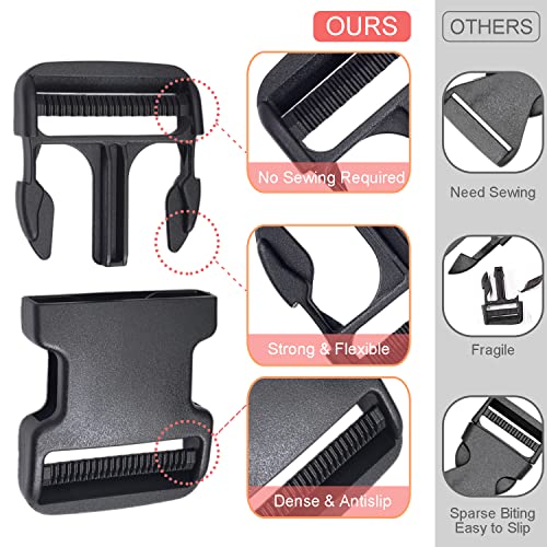 CooBigo 5 Pack 2 Inch Quick Side Release Plastic Buckle Clips Snaps Military Dual Adjustable Heavy Duty for Backpack Buckles Replacement Nylon Webbing Luggage Straps Belt Fanny Pack Buckle No Sewing - color: D: 2" Inner Diameter Black 5pcs