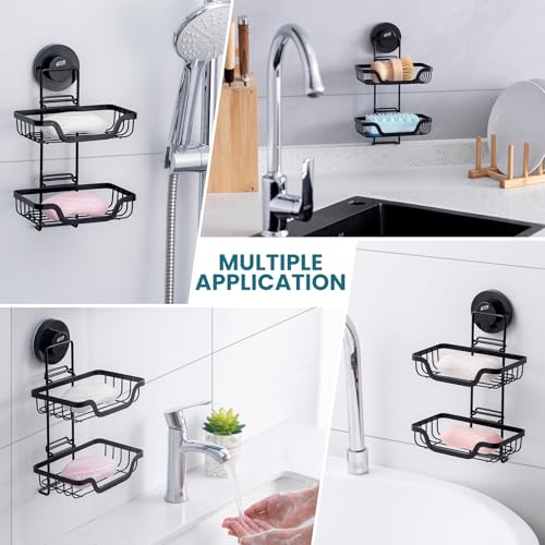 TAILI Soap Holder, Soap Dish Suction Cup with Hooks, Stainless Steel (Light Black) | Soap Dish for Shower, Bathroom Bar soap holder Shower Wall, Stainless Steel Sponge Holder for Tub Kitchen, Black - color: Light Black