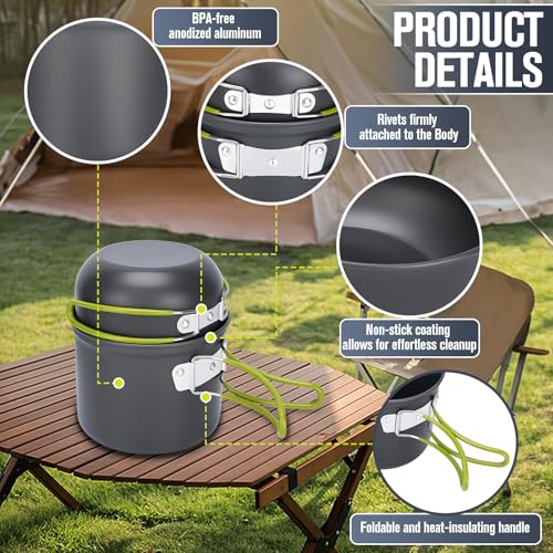 Camping Cookware Set, 16pcs Lightweight Backpacking Mess Kit with Camping Pots and Pans, 2 Cups, Fork Spoon, Survival Cooking Kit for Outdoor Hiking and Picnic