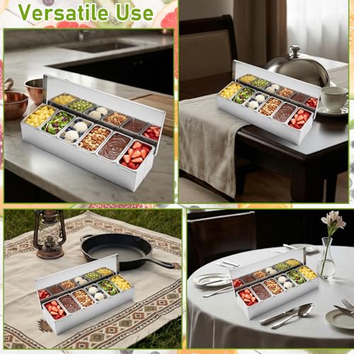 6 Compartments Stainless Steel Chilled Condiment Tray, Garnish Tray with 6 Removable Compartments, Chilled Condiment Dispenser with Lid, Fruit Serving Containers - size: 6 Compartments