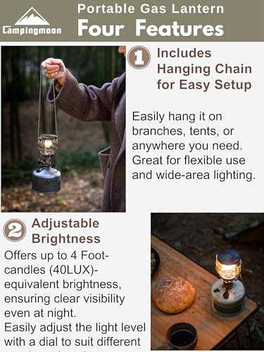 CAMPINGMOON Mini Gas Camping Lantern with Hanging Chain & Hard Case – 80W Equivalent Brightness, Adjustable Dial, Outdoor Portable Butane Lamp for Hiking, Backpacking, Emergency, Tent Lighting T-4