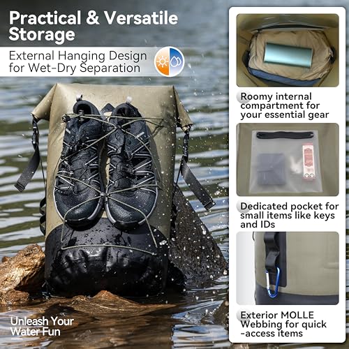 MARCHWAY Floating Roll Top Dry Bag, Flexible Lightweight TPU-coated Nylon Waterproof Backpack 20L/30L/40L with Padded Straps for Boating, Kayaking, Swimming, Hiking, Beach (Green, 20L) - color: Green, size: 20L