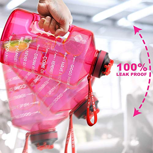 SLUXKE 1 Gallon Motivational Sports Water Bottle with Time Marker, BPA Free 128oz Leak Proof Jug, Black, Plastic, 128 ounces, Fitness, Sports, Outdoor Activities - color: Pink