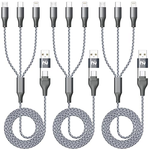 Multi Charging Cable 4FT 3Pack 3 in 1 Apple MFi Certified Braided Cord | Fast Charger Cord with Lightning USB-C Micro,Nylon Braided Universal Phone Charger for iPhone17-5 iPad Android Devices Travel - color: Black/Grey-4ft-3Pack