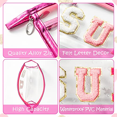 Y1tvei Preppy Patch SUN Varsity Letter Cosmetic Toiletry Bag Transparent PVC Zipper Makeup Bag Clutch Purse Portable Waterproof Travel Organizer Compliant Bag for Women Girls Teens(Rose Red) - color: Rose red SUN Rose Red