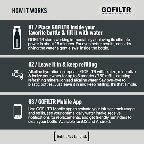 GOFILTR Alkaline Water Infuser - 9.5 pH + Electrolytes for Any Water Bottle/Small Pitcher, 750 Refills / 3 Months, Ionized Mineral Water Infuser (1 Pack) - color: Alkaline - Original