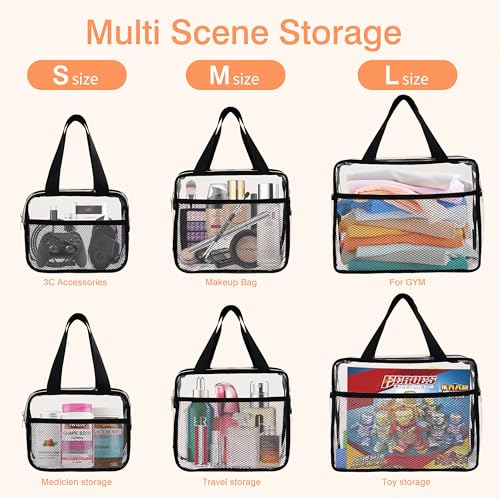 XEWEA 3PCS Clear Travel Toiletry Bags with Handles & Pocketfor Men Women | TSA Approved Transparent Makeup Bag, Waterproof PVC Organizer with Zipper for Toiletries Airline Essentials - color: Black Clear