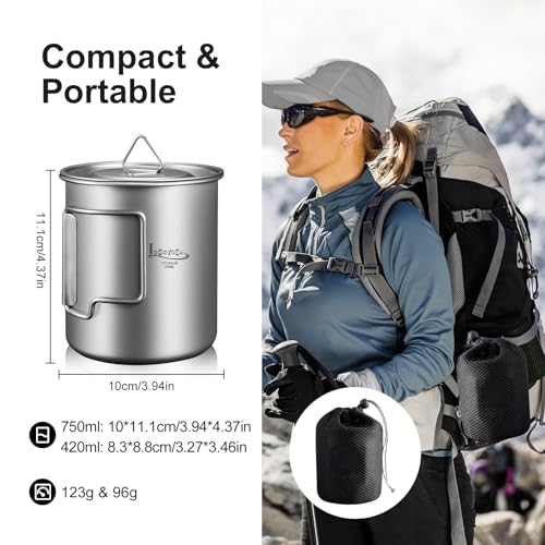 Titanium Pot with Lid, Lightweight Camping Pot with Foldable Handles, Portable Titanium Cooking Pot, Backpacking Pot Titanium Cookware with Carry Bag - color: 420ML & 750ML