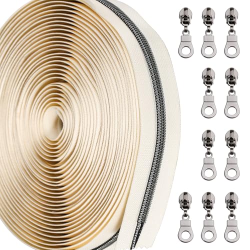 Sawoake 10 Yards Bulk Zipper(#5) Gunmetal Teeth with Beige Nylon Coil Zipper By The Yards,Can Replace 10PCS Sliders - color: Gunmetal-Beige-1