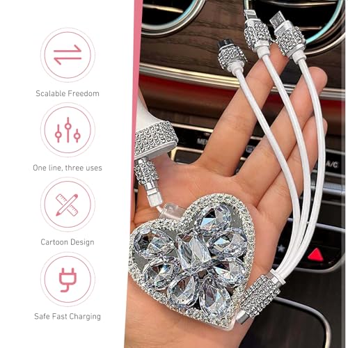 3-in-1 Car Retractable Multi Charging Cable, Rhinestone Heart Data Sync & Fast Charger with Lightning/Micro/Type-C USB Connectors for Most Phones (White) - color: White