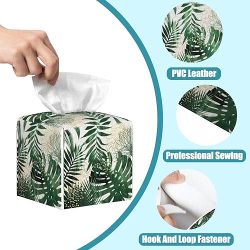 Exotic Palm Leaves Tissue Box Cover,Tissue Box Holder Square with Bottom Belt,Waterproof Leather Organizer Portable Decorative Facial Paper for Bedroom Night Stand Office Desk,5.2" x 5.2" x 5.2" - color: Exotic Palm Leaves
