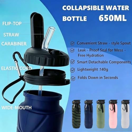 Collapsible Water Bottles 22oz with Straw 2Pack Travel (Blue+Light grey) - color: Blue+Light grey