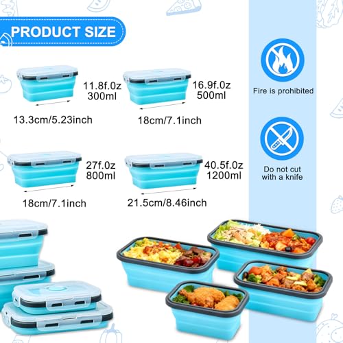 Collapsible Silicone Food Storage Containers 4 Set Airtight Leak Proof Food Containers with Lids Stackable Meal Prep for Microwave Freezer Dishwasher for Kitchen Camping Office Blue - color: Blue with Gray Edges