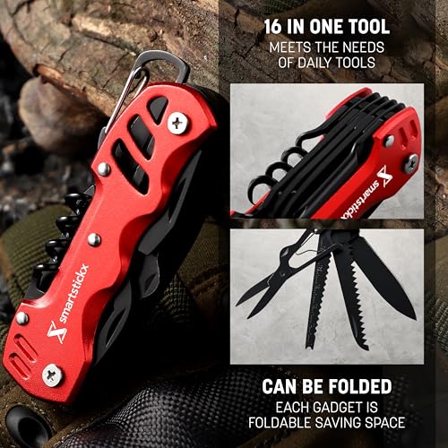 16 In 1 Multi tool Pocket Knife multitool Military Grade Steel: Swiss Style | Multi Functional Small Folding Knife with Keychain, Easy to Carry, Wine/Bottle opener , scissors , saw screwdrivers - Red - color: Red