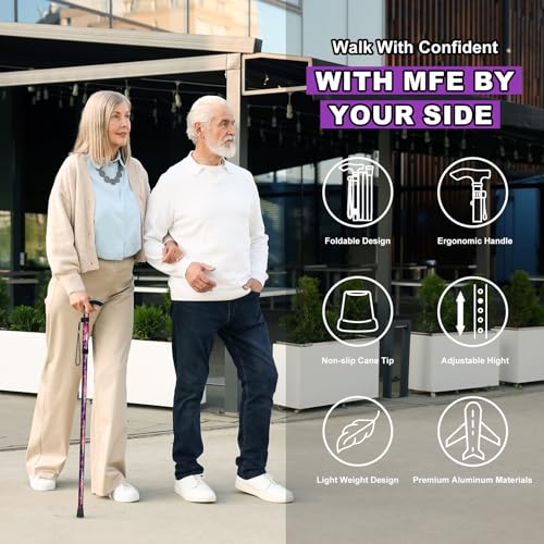 MFE Folding Cane, Portable 5-Level Adjustable Height Walking Stick with Foldable Design, Wrist Strap, and T Handle for Men and Women - color: Purple Floral