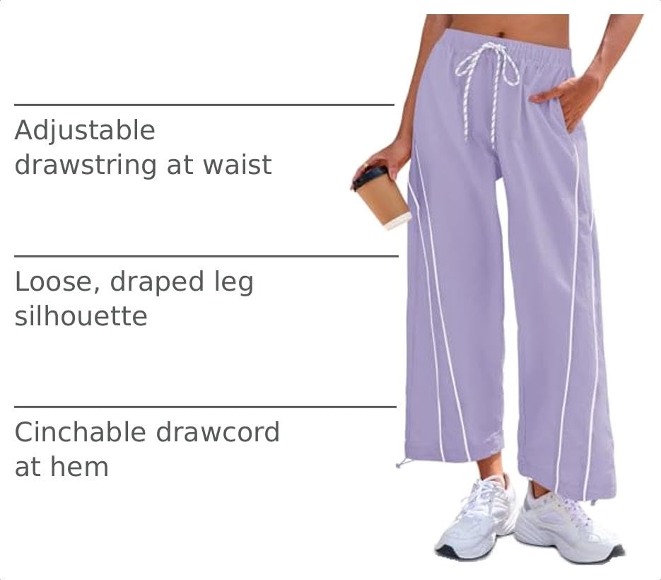 Fisoew Womens Baggy Wide Leg Casual Elastic Waist Cropped Pants - color: Violet, size: Medium