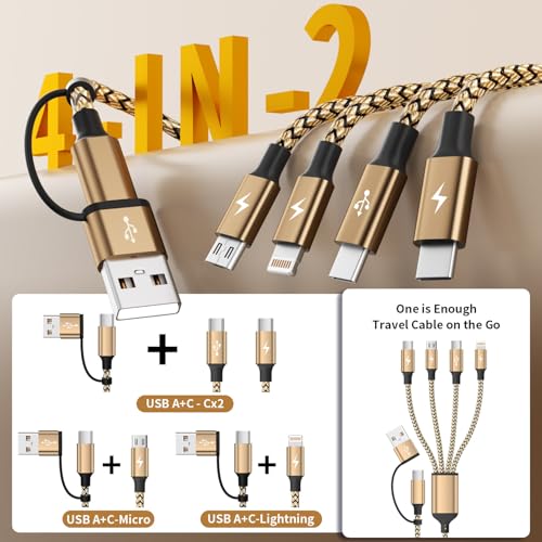 4 in 2 Multi Charging Cable, USBA/C Universal Charging Cords 2 Pack 5FT | Dual Type C Port Phone Charger Cord for Multiple Devices, Travel Charger for iPhone 17-11/Galaxy/Tablets/PS Home,Office, Gold - color: Gold