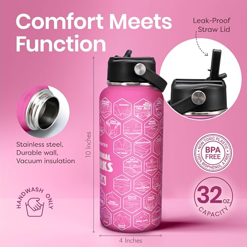 National Parks Pink Water Bottle with Durable Stickers – 32oz Insulated Stainless Steel Water Bottle with Spout Lid – Insulated for Cold and Hot Drinks – Metal Bottle for Gym, Hiking, Camping - color: Pink