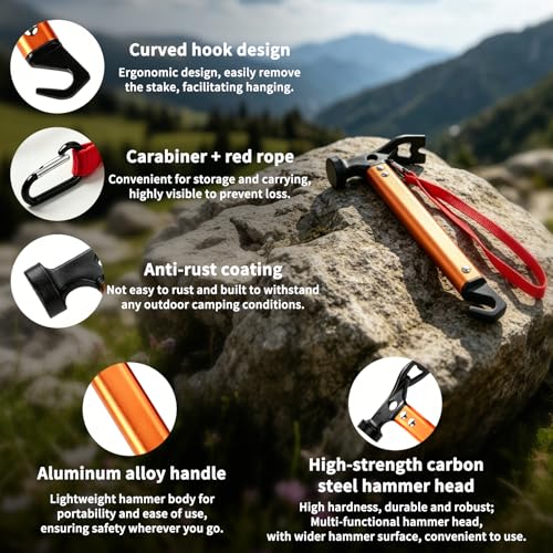 Carbon Steel Aluminum Camping Hammer, 12" Small Lightweight Three-in-One Functional Tent Stake Hammer for Hiking Kit Orange - color: Orange