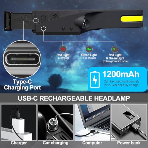Bud K Headlamp Rechargeable 4Pack, 6 Mode Headlamps for Adults 1200Lumens LED Headlamp,230°COB Wide Beam Headlight Bright Headlamps Flashlight for Camping Accessories Gear, Hiking,Running - size: 4 Pack