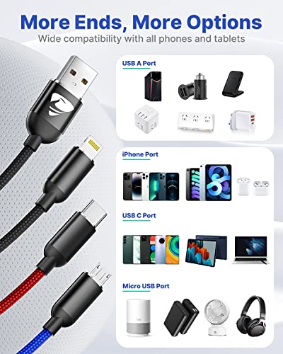 Aioneus Multi Charging Cable, Nylon Braided 3 in 1 Charging Cord Multi USB Cable Fast Charging Cord with Type-C, Micro USB and IPh Port, Compatible with Most Phones & iPads - color: Black, size: 3 in 1 4FT 2PACK