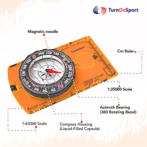 TurnOnSport Orienteering Compass - Advanced Scout Compass for Hiking, Camping, and Backpacking - Best Survival Gifts for Kids