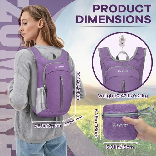 ZOMAKE Lightweight Packable Backpack, 10L Small Foldable Daypack for Hiking - color: Light Purple A1, size: 10L