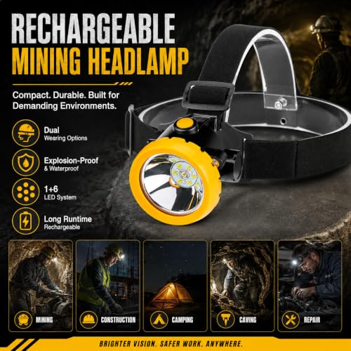 Rechargeable LED Mining Headlamp for Hard Hat Helmet, Explosion-Proof Waterproof Miner Headlight with Clip, Coal Mining Flashlight for Hunting, Fishing, Camping, Construction, Caving, Repair - color: BK2000-Black