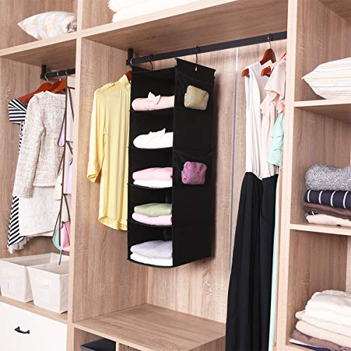 MAX Houser 5-Shelf Hanging Closet Organizer with 4 Side Pockets, Black | Foldable Fabric Hanging Shelves for Closet, Cloth Hanging Shelves with 2 sturdy hanging hooks, Small Space Saver - color: Black