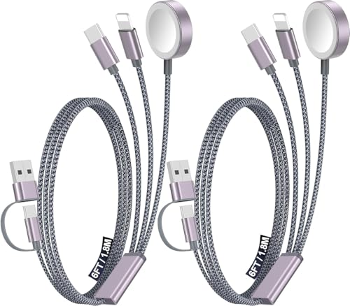 2Pack Travel Essentials for Apple Watch Charger,3-in-2 Multi Charging Cable | Cruise Vacation Camping Essentials for iPhone Charger,Type C/Lightning for iWatch,iPhone 17-12,Xbox Series X&S-6FT Gray - color: Gray, size: 2Pack-6 FT
