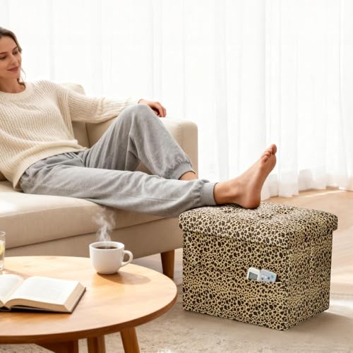 AmasSmile Ottoman with Storage,17" Folding Velvet Foot Rest Chest,Leopard - color: Leopard Print, size: 17"*13"*13"inch