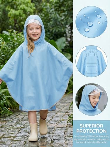 Haloumoning Kids Hooded Rain Poncho Girls Waterproof Lightweight Reusable Raincoat Jacket 4-14 Years - color: Blue, size: 11-14 Years