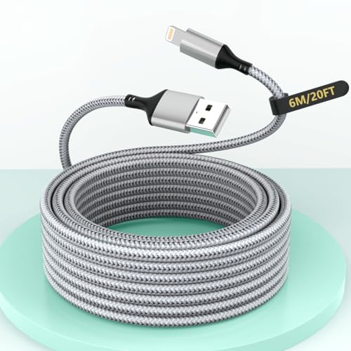 20FT Extra Long USB A to Lightning Charger Cable for iPhone,Apple MFi Certified Charger Cord, 6M Fast Charging Nylon Braided Charge Cord for iPhone 14 Pro Max/14/13Pro/12/11/X/XS/XR/8/7/6/iPad-Gray - color: Silver