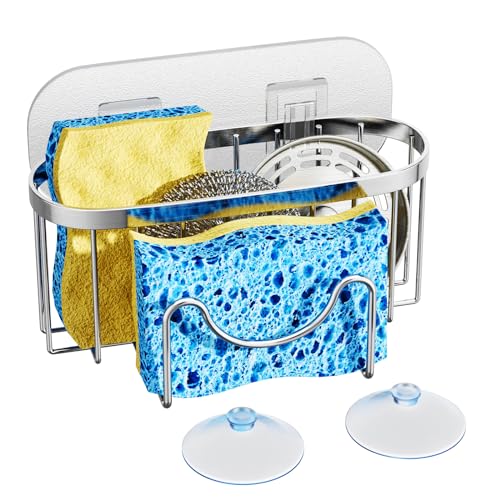 HapiRm Multifunctional Adhesive Kitchen Sink Organizer with M-Shaped, 2 Installation Methods Kitchen Sponge Holder, Rustproof Sponge Caddy for Brush, Sink Stopper and Scraper -Silver - color: Silver, size: with M-shaped Holder