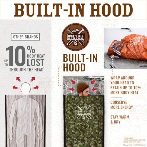 Don’t Die in The Woods – Emergency Sleeping Bag with Hood - color: Woodland Camo